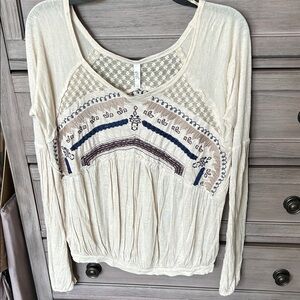 Free People Cream and Blue Embroidered Blouse